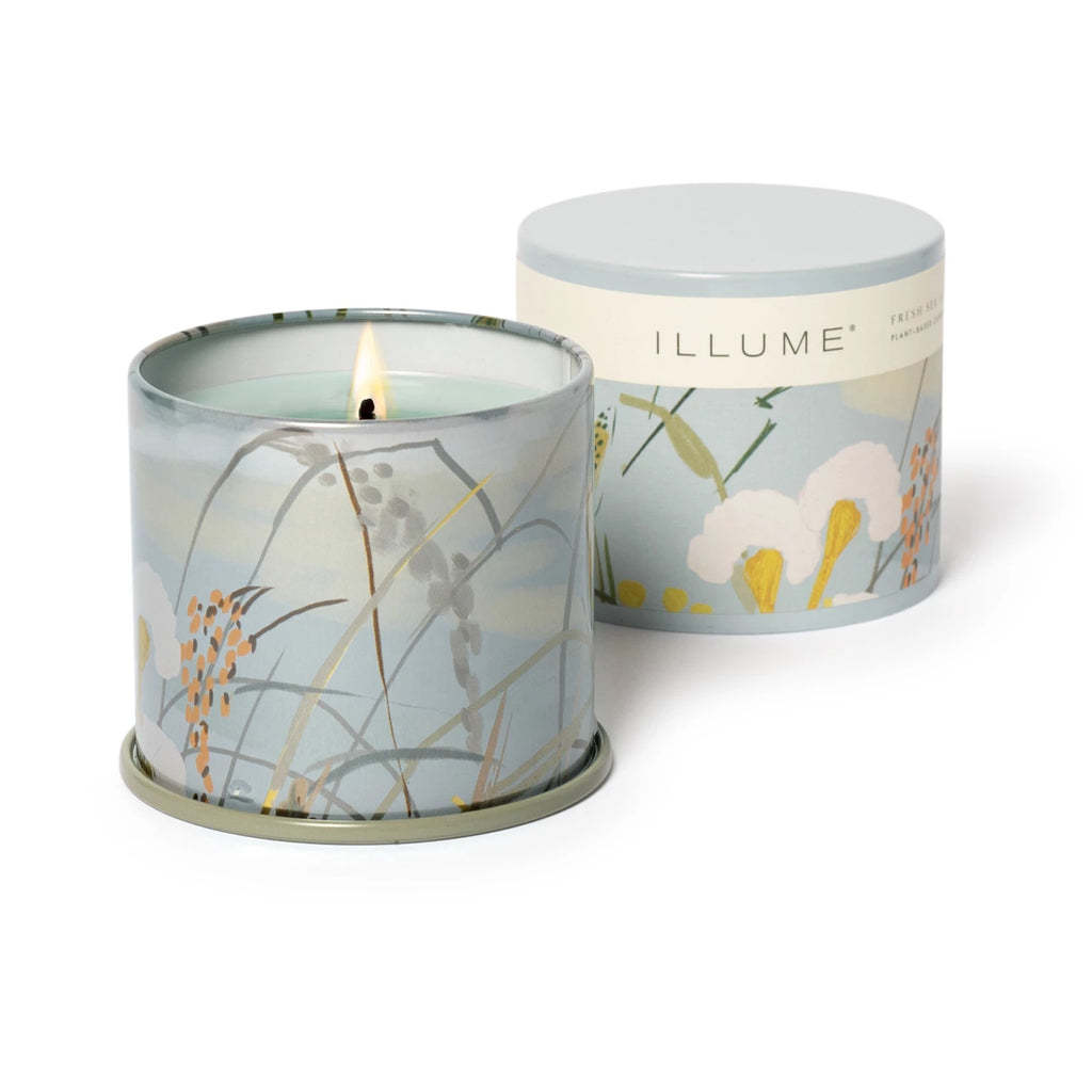 This scent is grounded in salty sea spray, with a heart of poetic jasmine, and kissed with a gentle breeze.

Designed as a pop of pattern, the demi vanity tins have a full wrap label on textured stock, interior pattern with metallic details, and a color rolled edge to complement the colored wax. Tin is used for its lovely illuminating qualities and because it is infinitely recyclable.