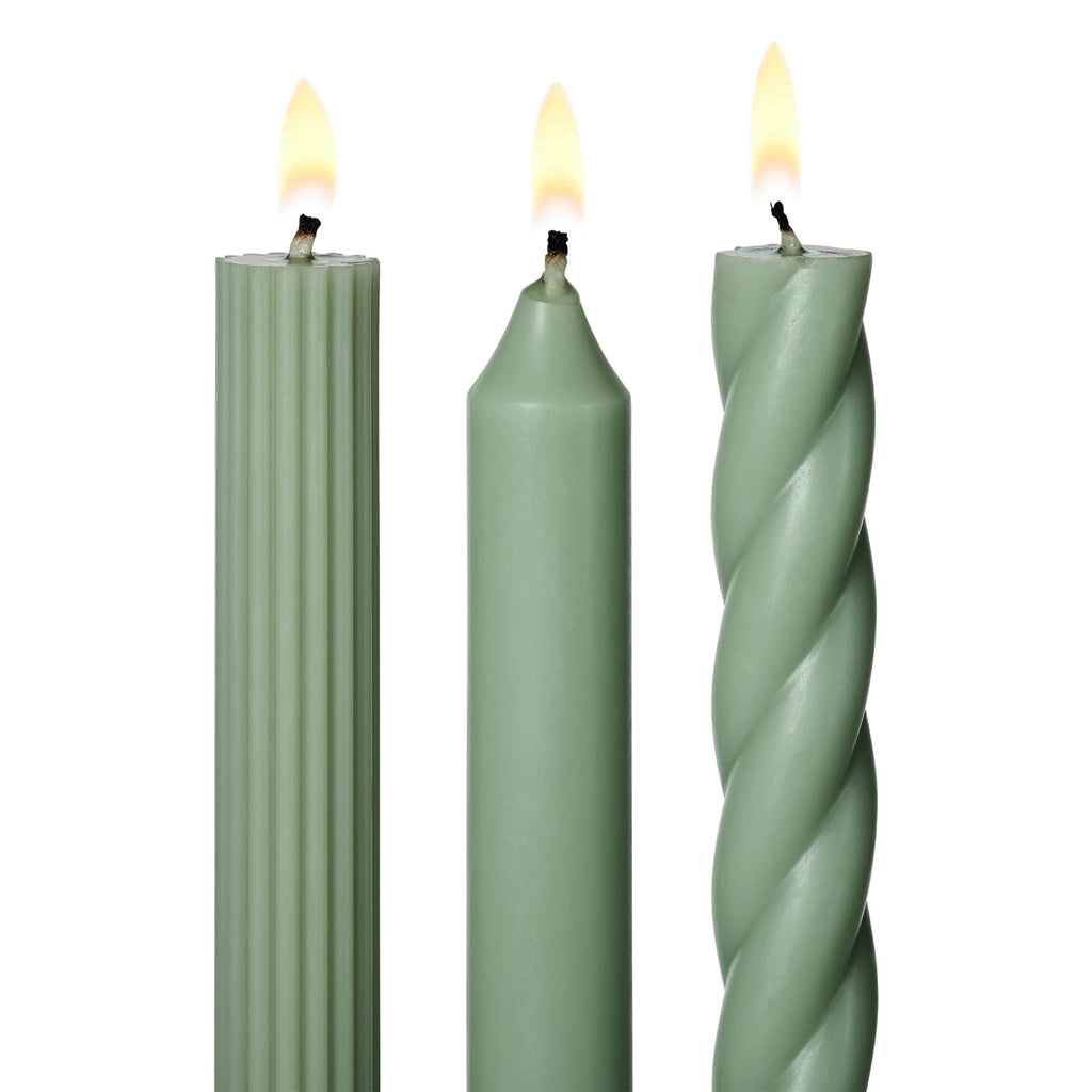 Introduce elegance and warmth into your home with our Assorted Candle Tapers 3-Pack. Each candle is unscented, allowing you to enjoy the soft glow without any overwhelming fragrances. Perfect for any occasion, these tapers will add a touch of sophistication to any space. Green