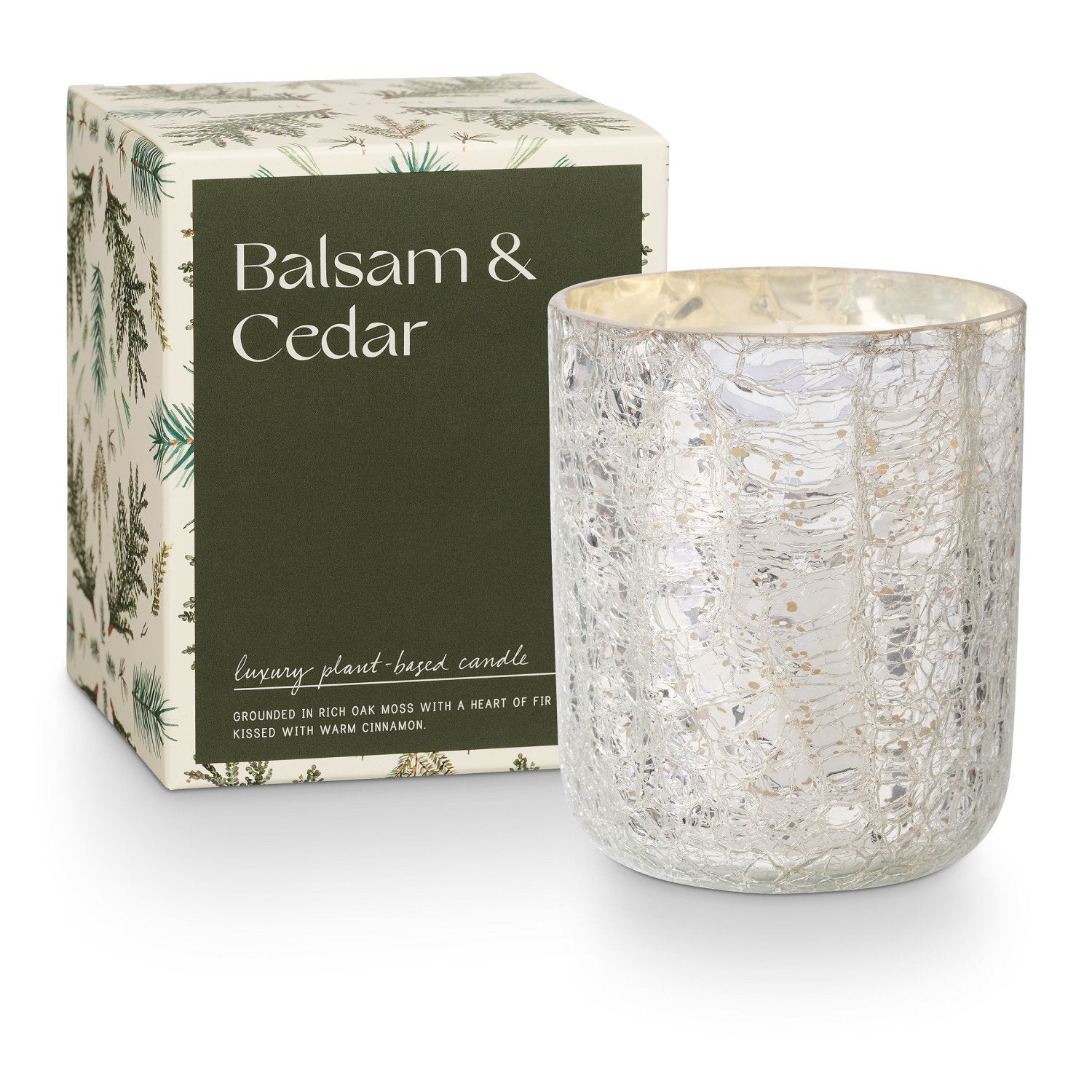 Balsam & Cedar candle with decorative box on a white background