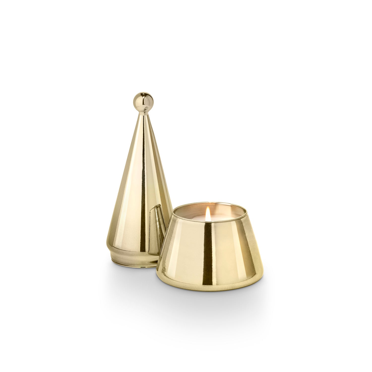 Two gold cone-shaped candle holders on a white background