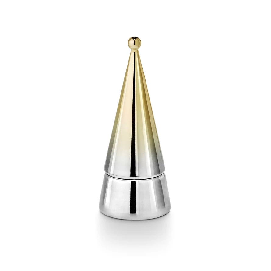 Tapered metallic object with gold top and silver base on a white background