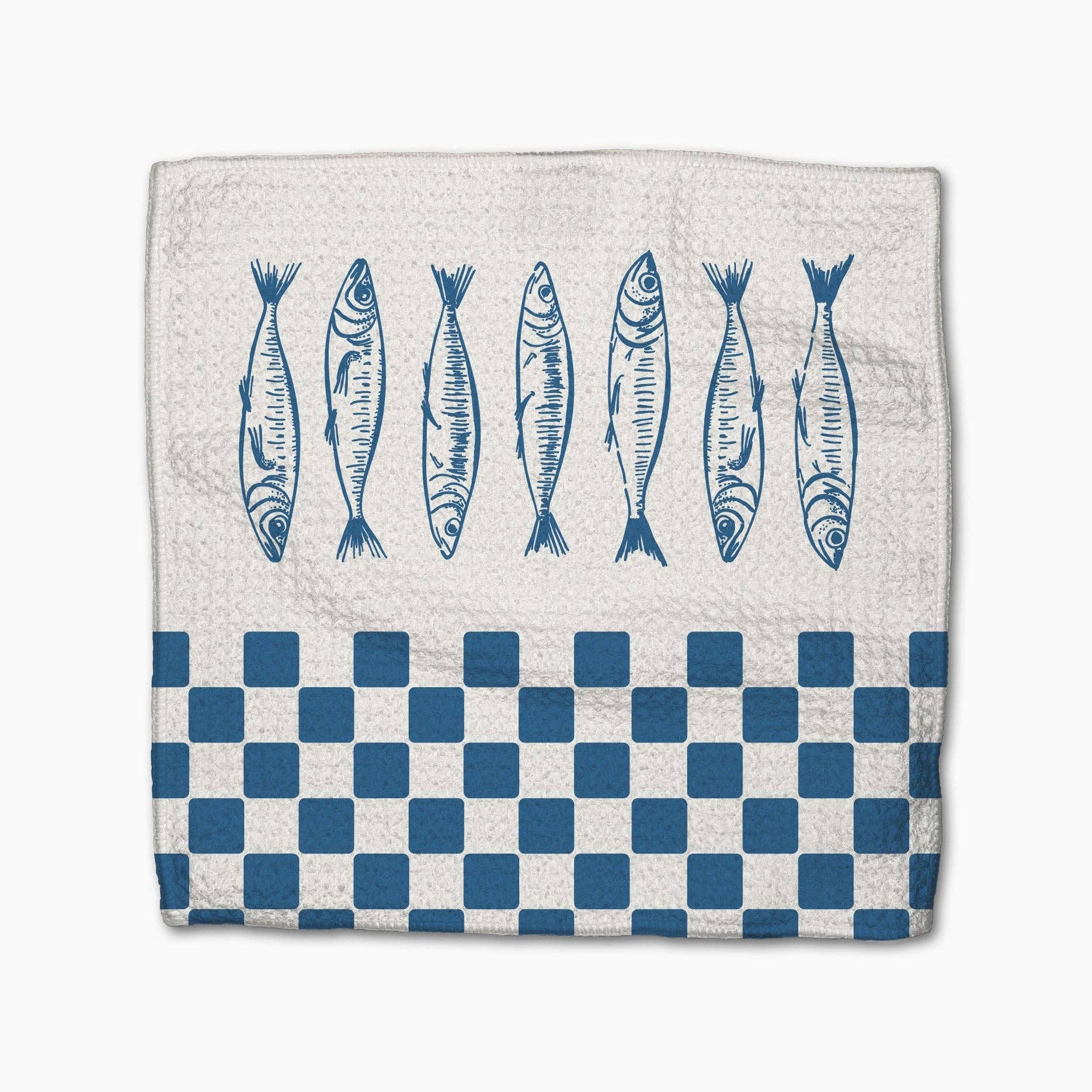 Folding towel with fish design and blue checkered pattern on a white background