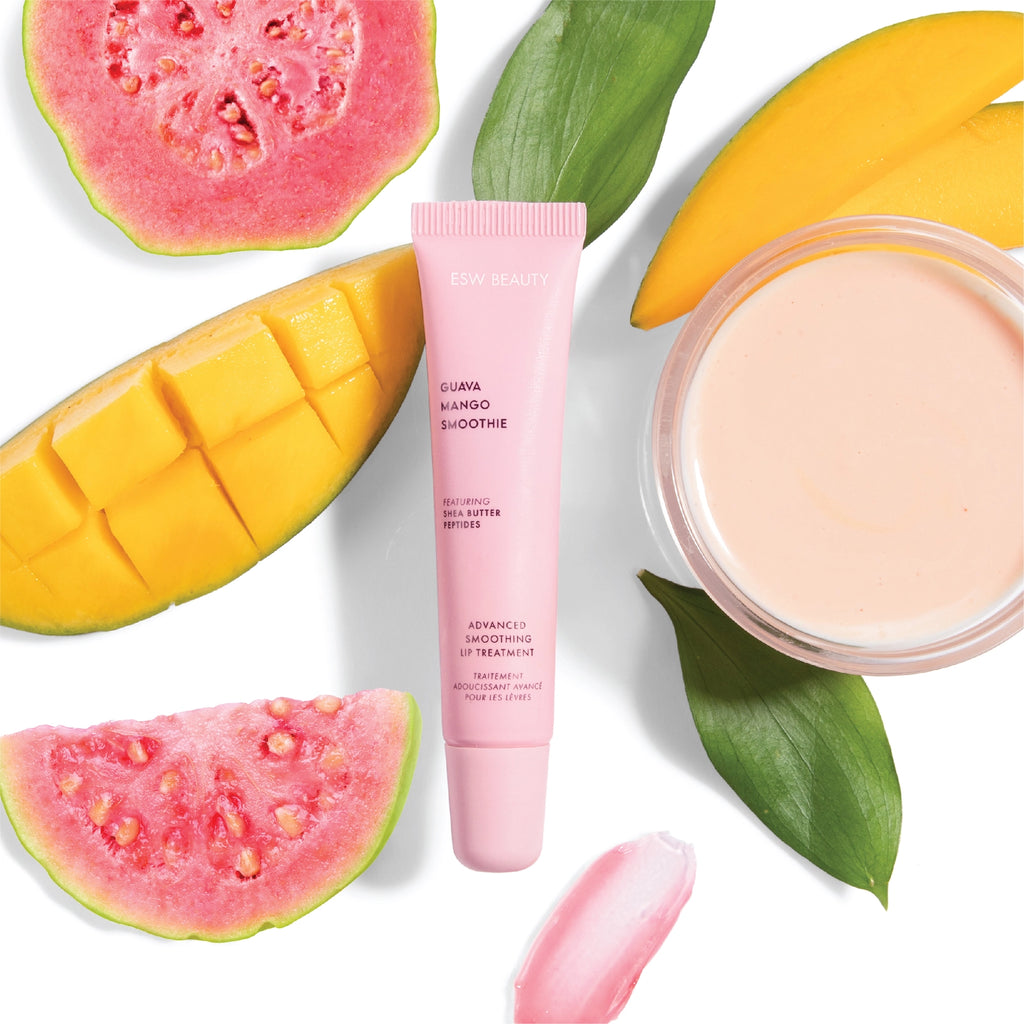 Our Guava Mango Smoothie Lip Treatment will visibly improve fine line, wrinkles &amp; elasticity in your lips while providing a light pink tint. These ingredients, in combination with shea butter and peptides, help to remove dead skin cells and support fuller, smoother looking lips. The ideal Mother's Day and springtime treat, perfect for a thoughtful gift or a delightful addition to your spring skincare routine.
