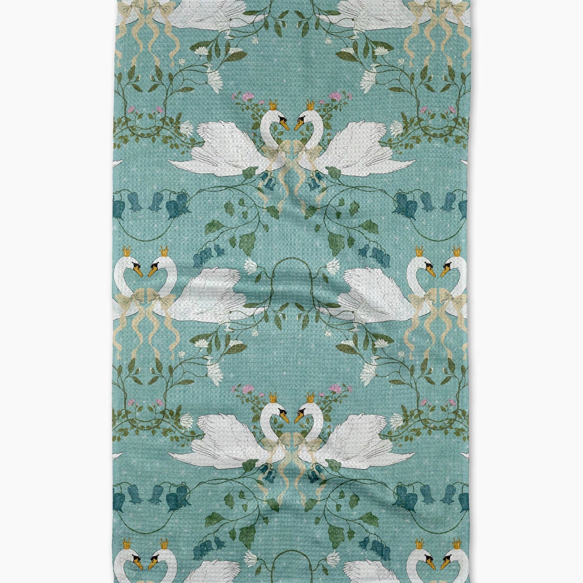 Teal fabric with white swan design on a white background Tea Towel