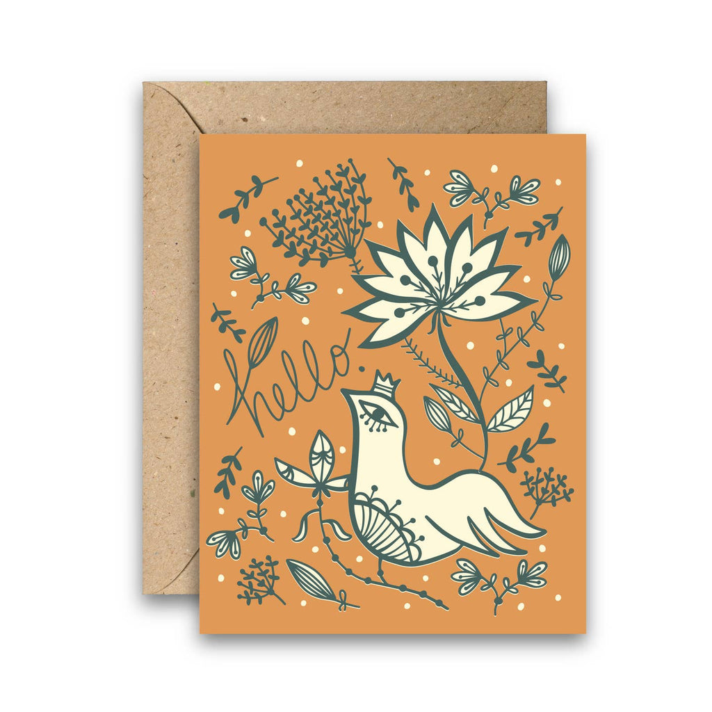 Flowers overflow around a sweet bird in earthy colors. Perfect for every occasion with just a simple "hello" handwritten on the front.