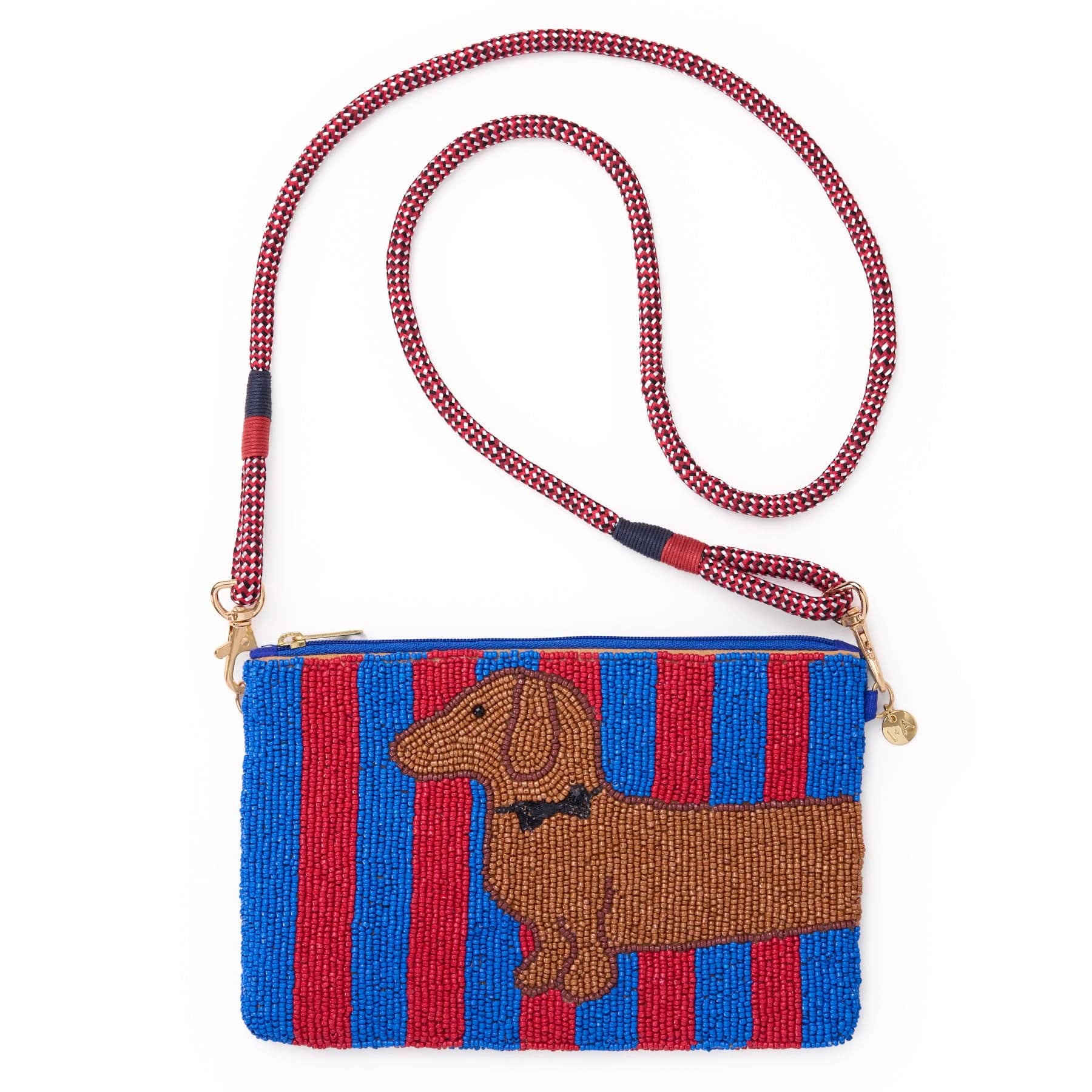 Leila Striped Dachshund Seed Bead Clutch With Strap