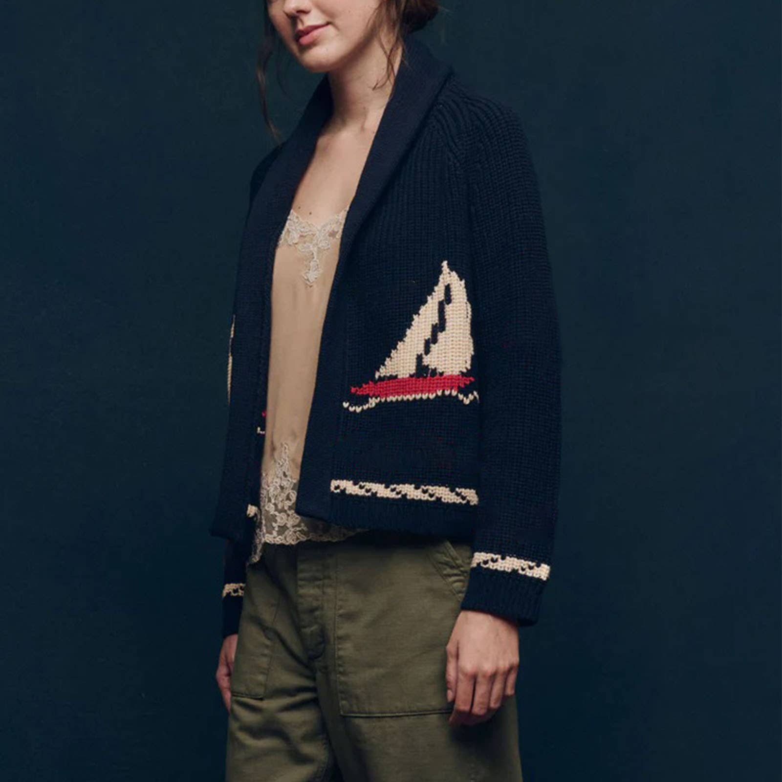 Ocean Sailboat Jacquard Shawl Cardigan - Navy