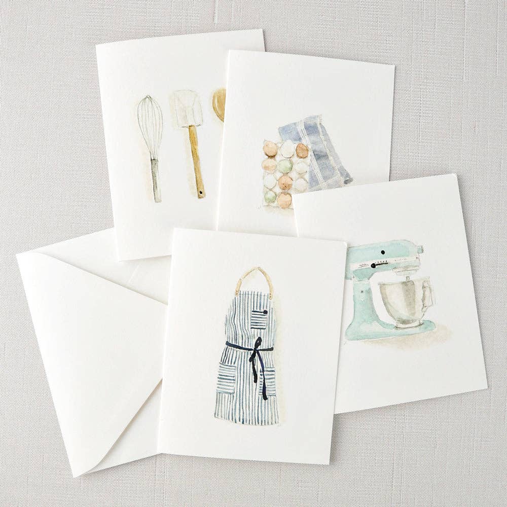 The assorted set of baking notecards are blank on the inside with charming watercolor illustrations of an apron, mixer, eggs and utensils on the front. They bring a touch of delight to your thank you notes, housewarming gifts, get-well wishes, and more.


Details:

Set of eight folded cards + envelopes, two of each illustration

Blank inside
5.5" x 4.25"
Printed on 120lb superfine paper
Original watercolor artwork by Emily Lex