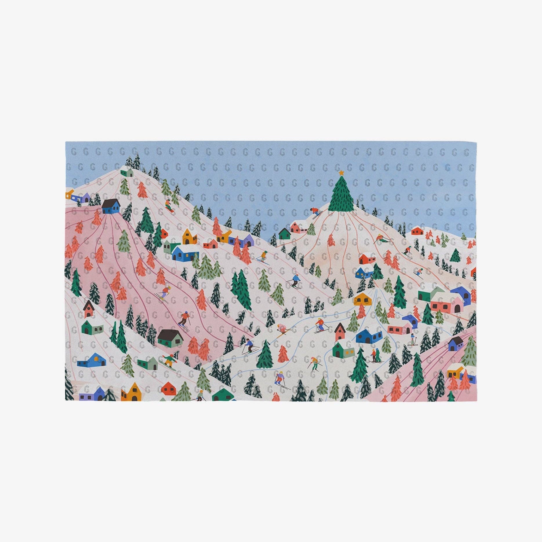 Illustration of a mountain village with houses and trees on a light blue background