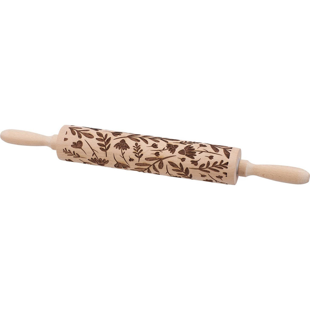 Wooden rolling pin from the Cottagecore Collection with debossed details along the roller that leave fun imprints in dough. This Floral Pattern embossed wooden rolling pin features natural beech wood debossed with a design of a variety of florals. Hand-wash recommended. 