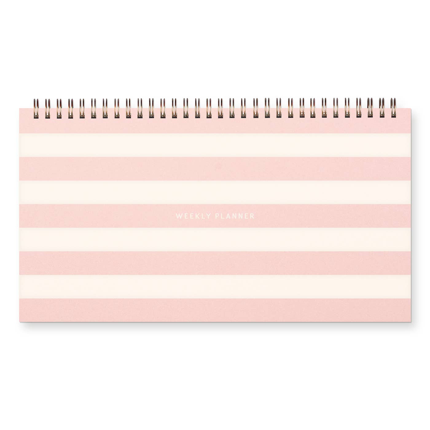 Pink and white striped planner with   on a white background