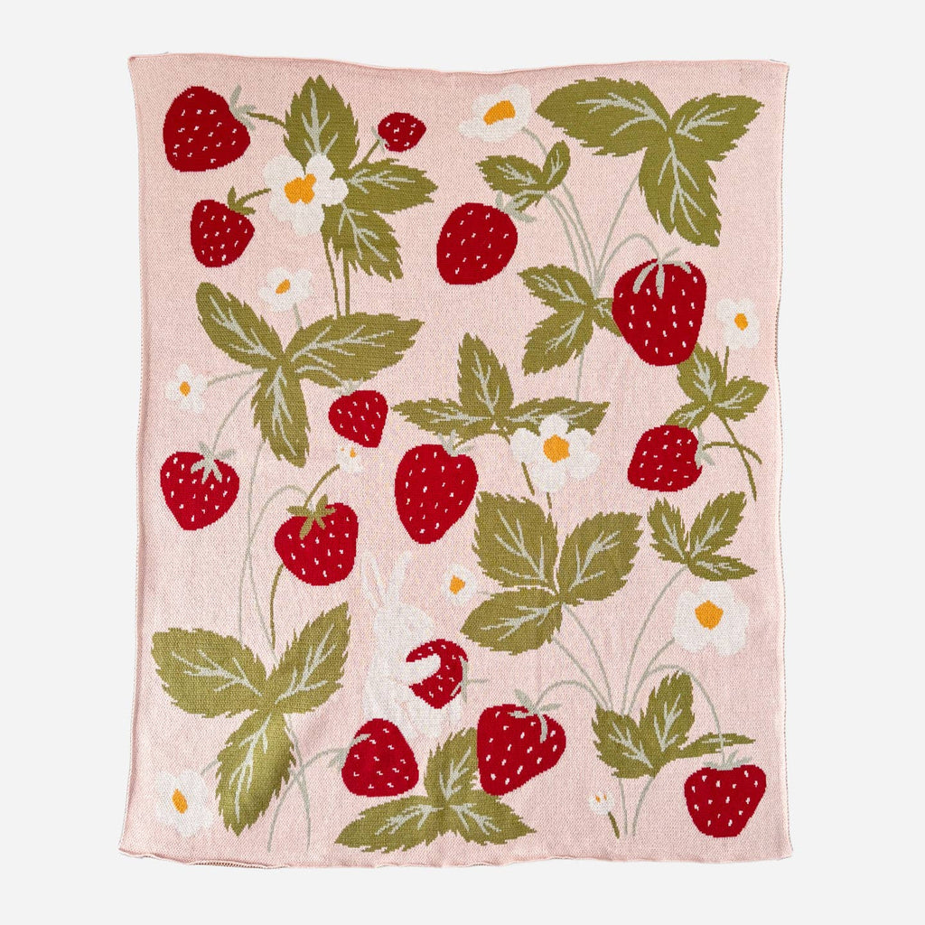 Sweet and whimsical blanket, adorned with vibrant red strawberries and featuring Bailey Bunny. Crafted with utmost care, this blanket is made from 100% GOTS certified organic cotton, ensuring the softest and safest embrace for your baby's delicate skin. Wrap your precious bundle in comfort and style with this eco-friendly, irresistibly cute baby blanket that promises both warmth and peace of mind. 