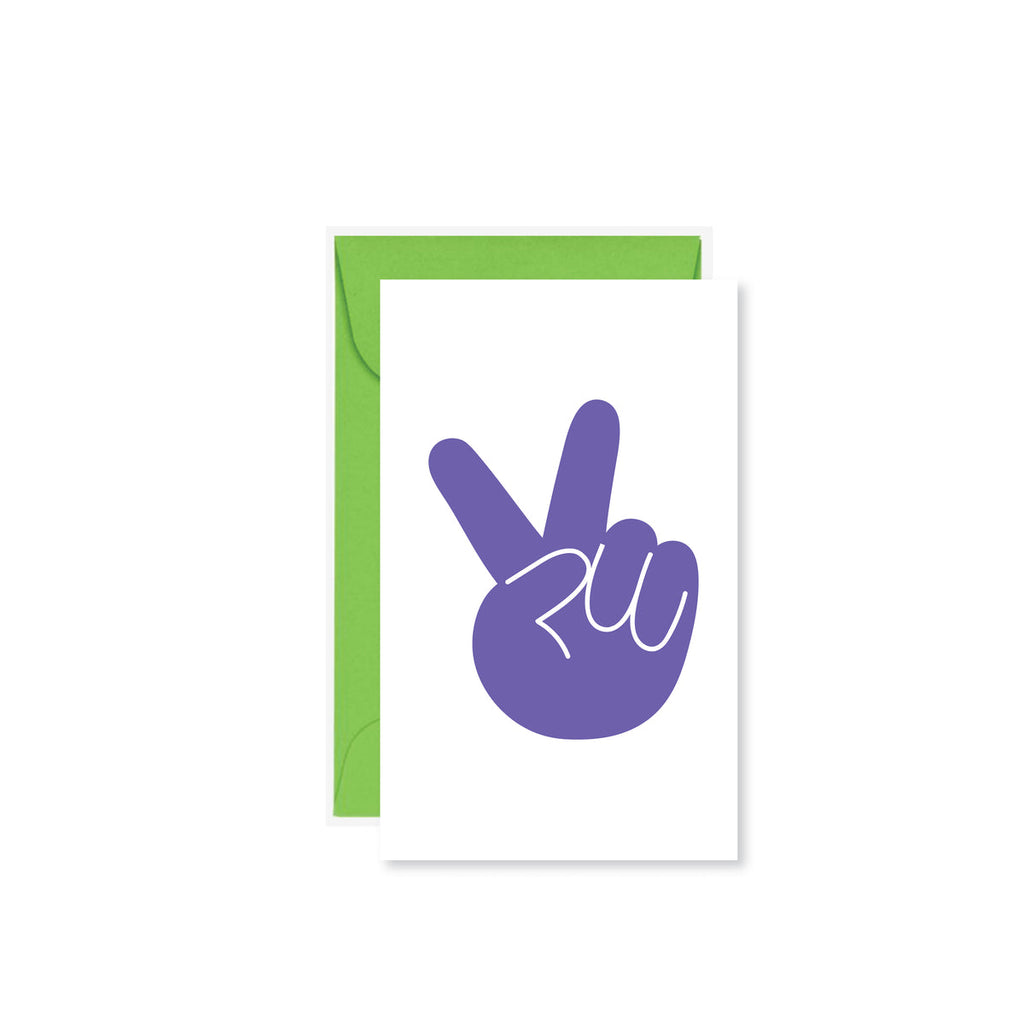 white mini card with a purple hand giving the peace sign
