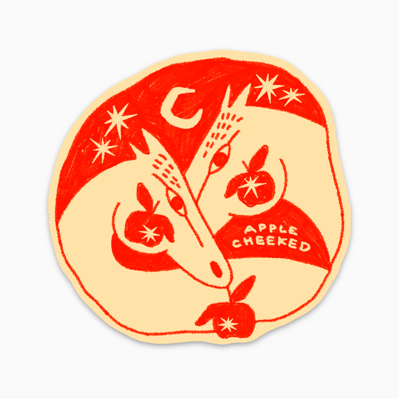 Circular sticker with horses and apple design on a white background