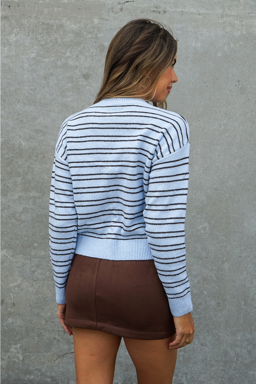 baby blue sweater cardigan with brown horizontal stripes.