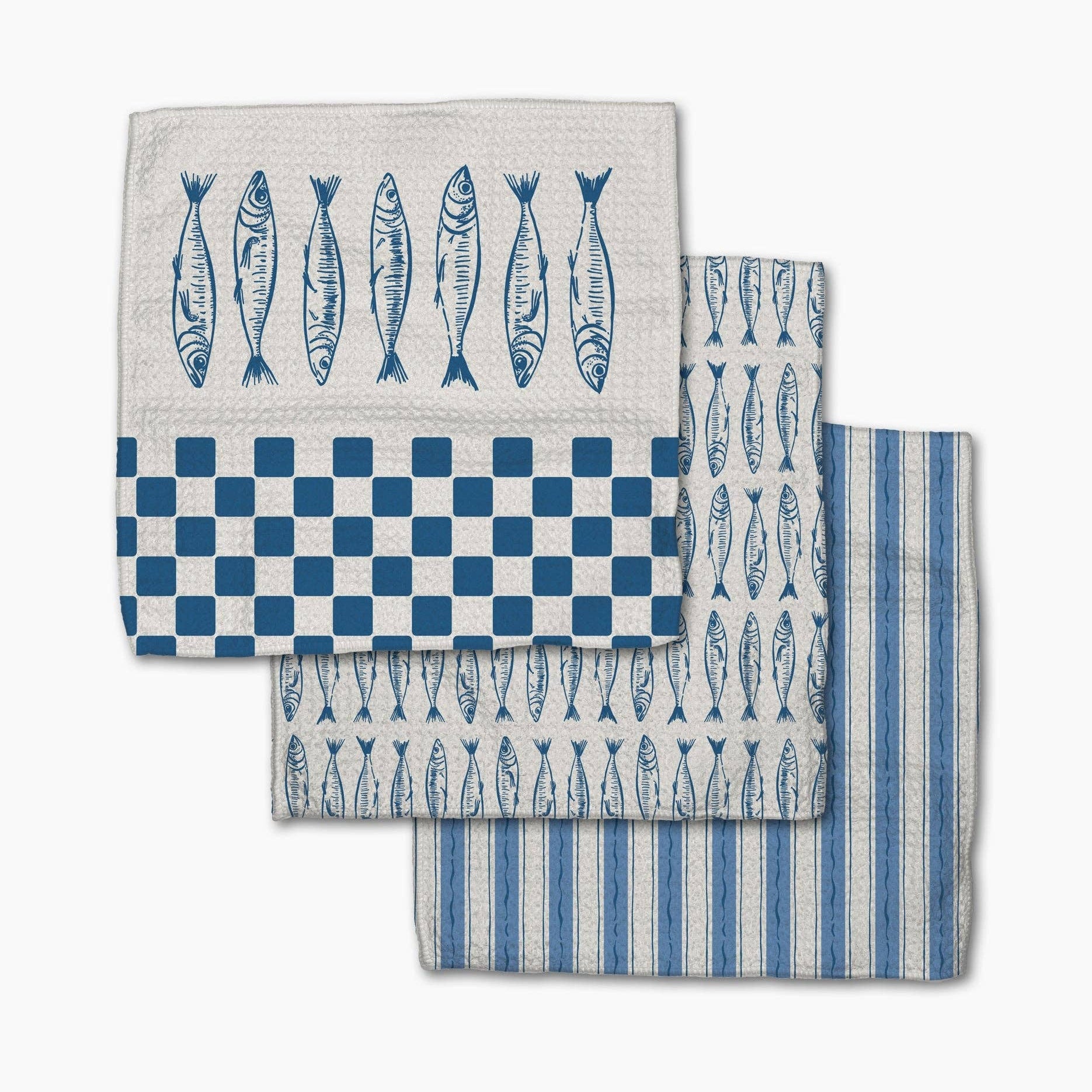 Set of four towels with fish pattern and checkered design on a white background