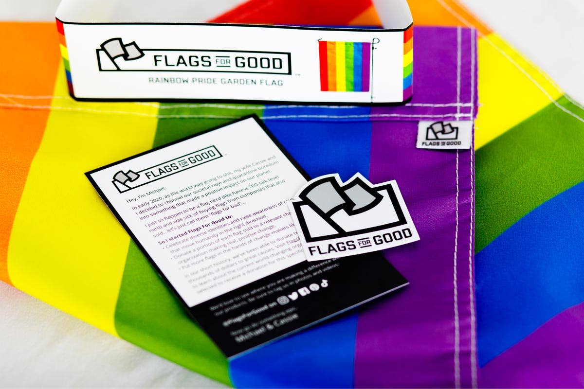Garden flag with the traditional six stripe pride flag design popularized by artist Gilbert Baker in 1978. These garden flags are a thick double-sided construction and double-stitched all around. They have a pole pocket along the top to fit any standard garden flag stake (not included). 18" x 12"