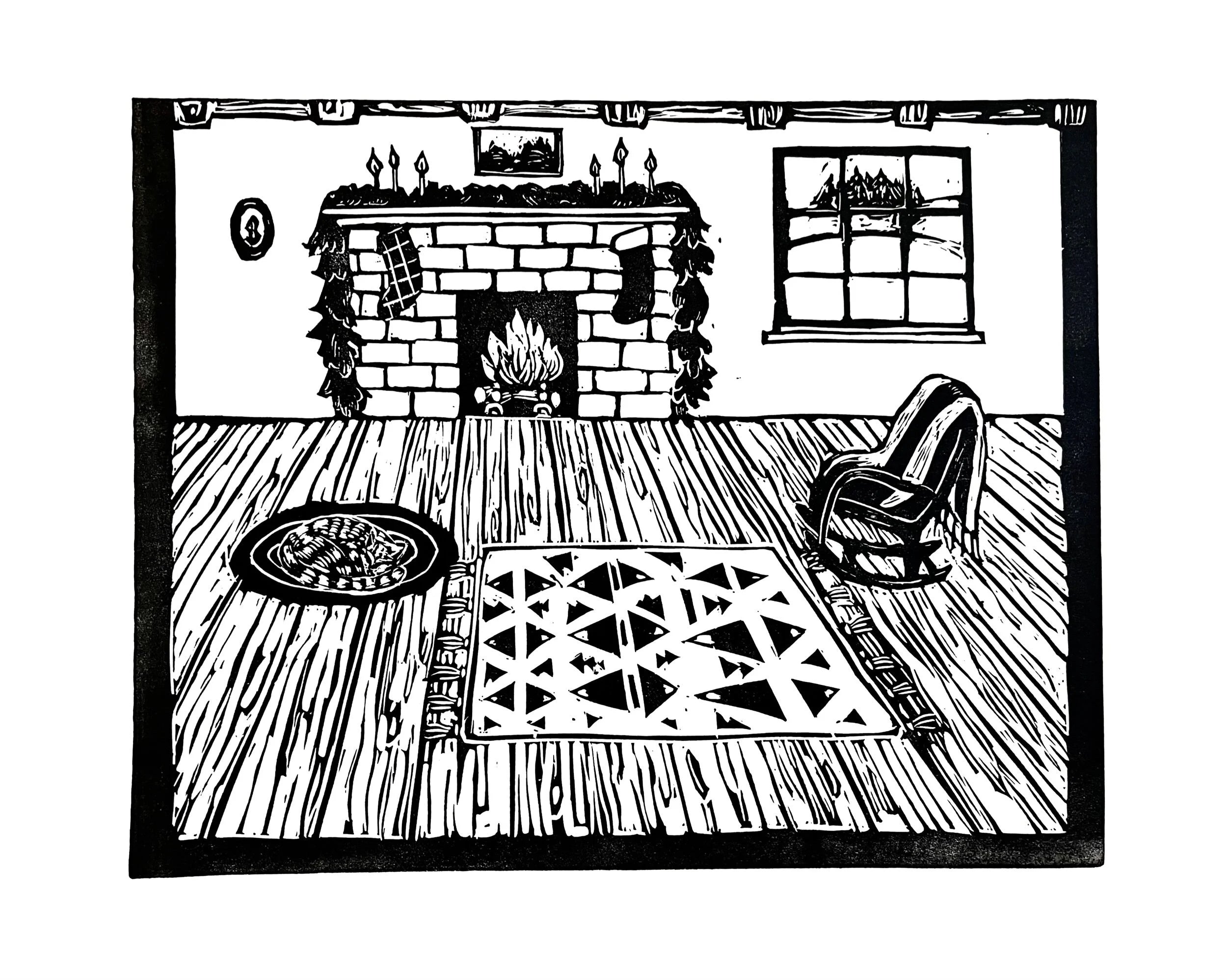 Black ink print depicting a cozy Christmas scene. Large room with a stone fireplace decked with pine garlands, candles, and stockings. Various rugs on the wooden floor, with a rocking chair off to the side with a throw draped across the back. Paned window shows a snowy scape outside. 