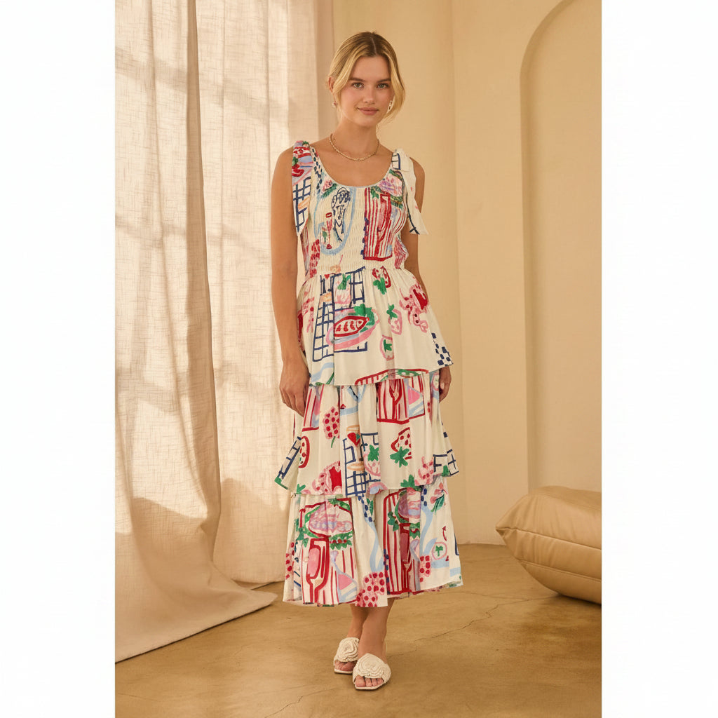 Sleeveless Printed Tiered Midi Dress with Shoulder Tie
