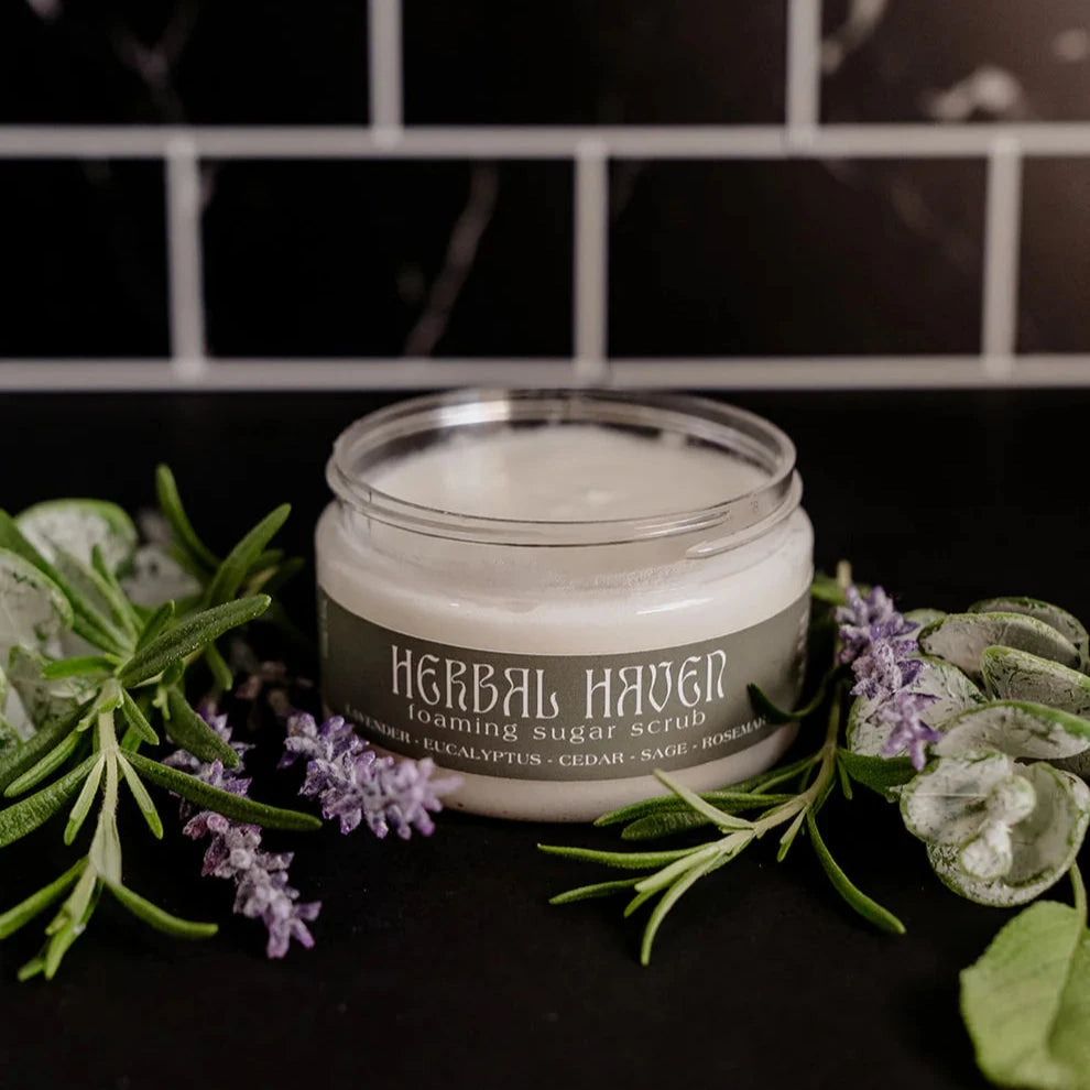 5 oz glass jar of herbal haven foaming sugar scrub