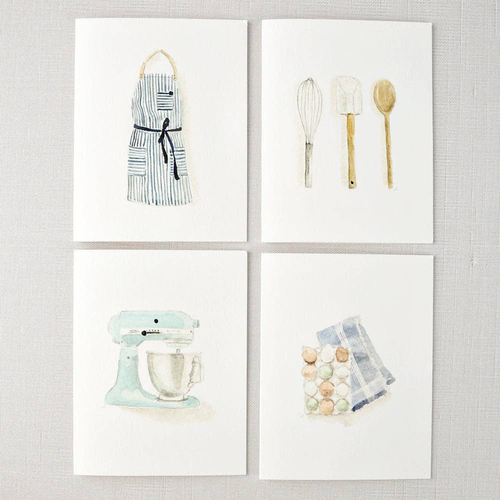 The assorted set of baking notecards are blank on the inside with charming watercolor illustrations of an apron, mixer, eggs and utensils on the front. They bring a touch of delight to your thank you notes, housewarming gifts, get-well wishes, and more.


Details:

Set of eight folded cards + envelopes, two of each illustration

Blank inside
5.5" x 4.25"
Printed on 120lb superfine paper
Original watercolor artwork by Emily Lex