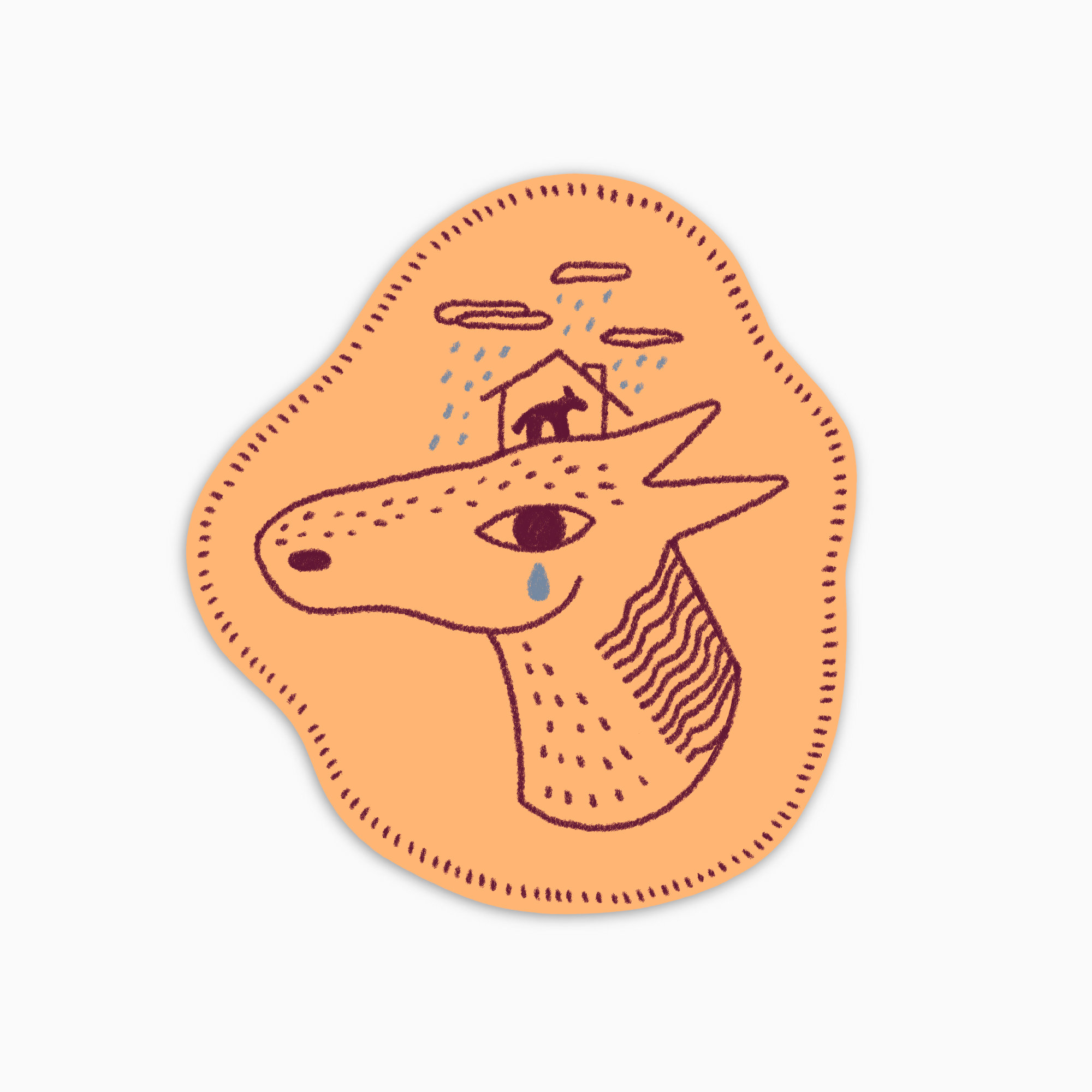 Illustration of a horses head with a house on its back on an orange background