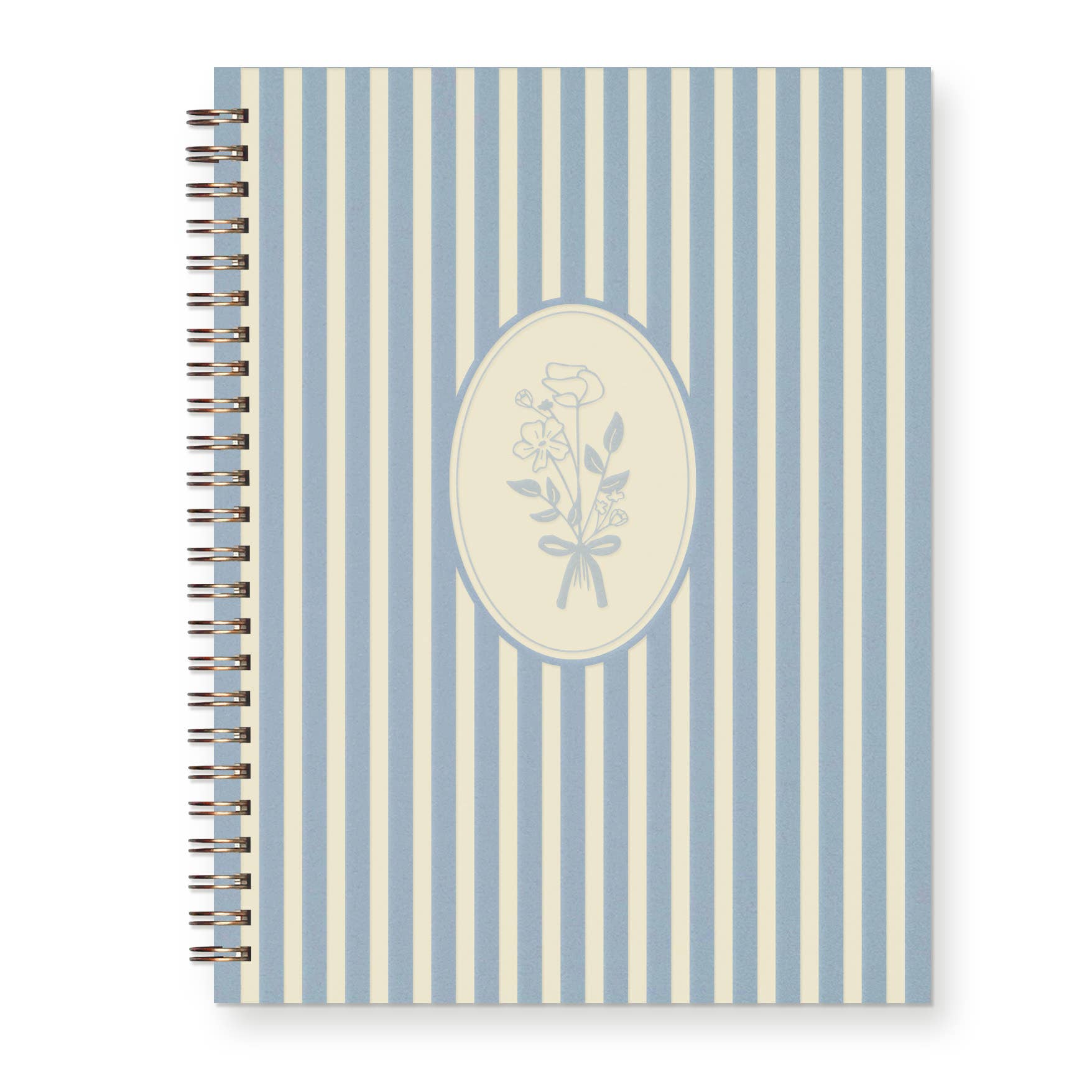 Notebook with blue and white striped cover and floral design in the center.