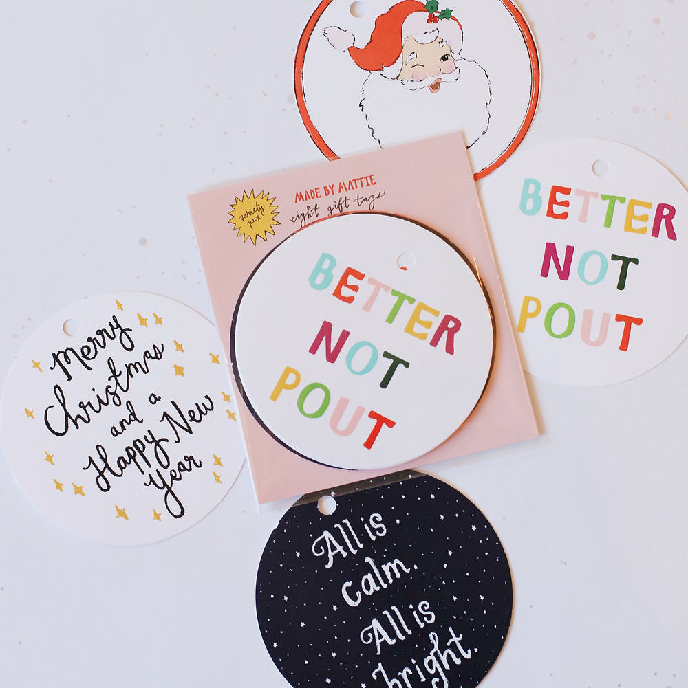 Christmas variety tag pack, featuring various designs from Made by Mattie. Pictured against a white back ground.