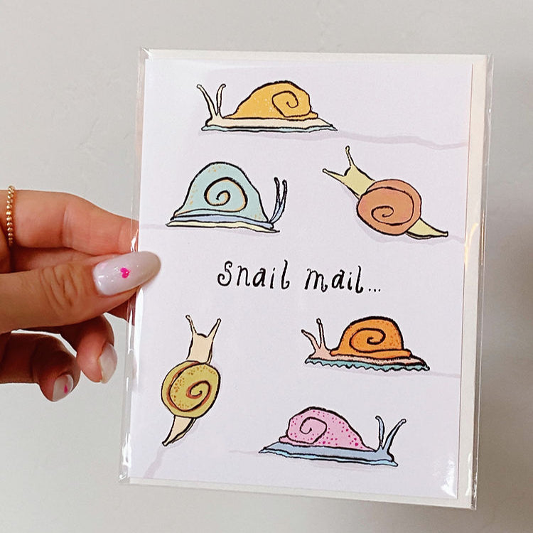 card featuring 6 colorful snails, reading "snail mail..."
