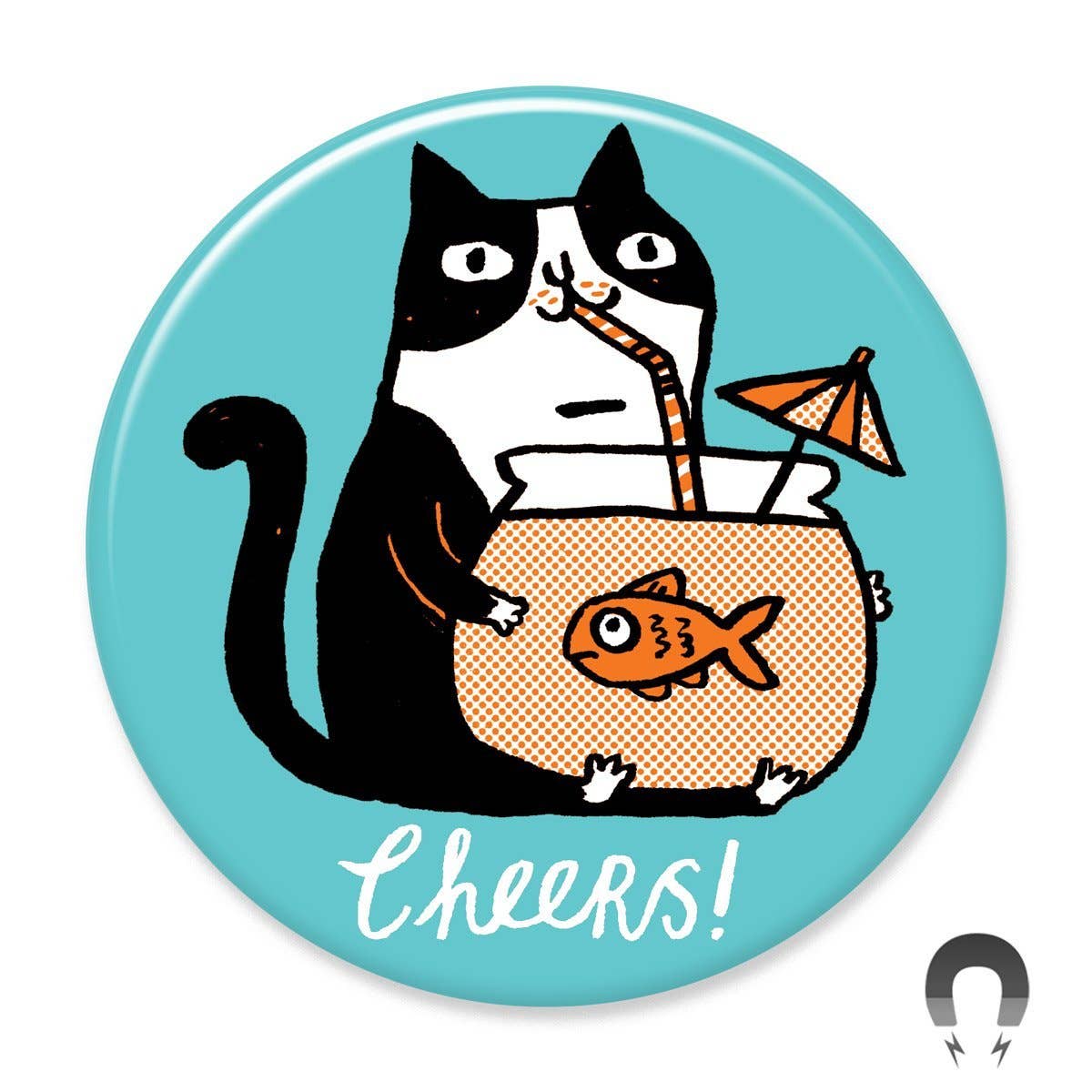 Cheers Cat Big Magnet by Gemma Correll. 2.25" round. Made with recycled paper &amp; steel. Super strong flat back for maximum pull strength. Hand-pressed in our Portland, OR factory.