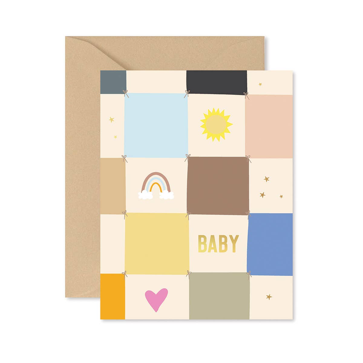 The sweetest gender neutral baby card mimicking the cutest quilt.
4.25 x 5.5 inches when folded
Gold foil accents
Blank interior