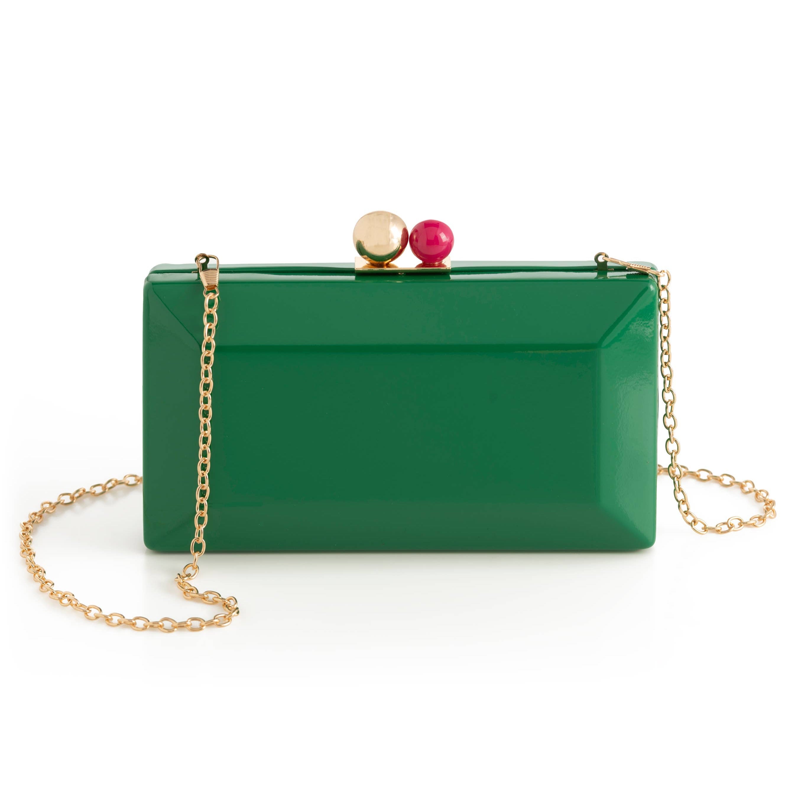 This vibrant green Mackenzie Minaudiere features a luxurious patent PU exterior complemented by elegant gold hardware. The versatile design includes a detachable cross-body chain for multiple wearing options. Secured with a sophisticated push-lock closure, this stylish accessory combines practicality with eye-catching appeal for any occasion.