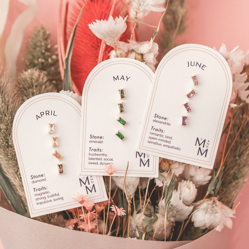  Birthstone Ombre Baguette Stud Earring Set, a collection of four stunning earrings crafted in 18k gold plated with an anti-tarnish coating. This set of stud earrings showcases the ombre effect, seamlessly blending hues from light to dark, creating a captivating visual representation of your birthstone's color spectrum. 