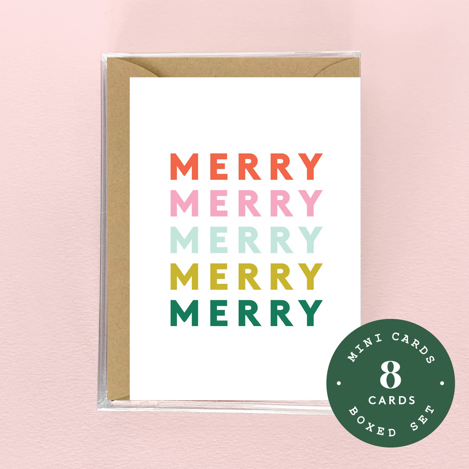 Greeting card with 'Merry' text in different colors on a pink background