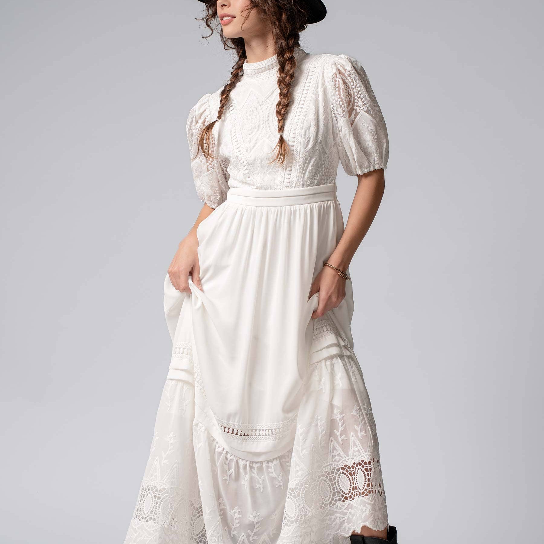 Victorian Lace Puff Sleeve White Maxi Dress