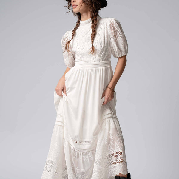 chinese dress ladies Victorian Lace Puff Sleeve White Maxi Dress