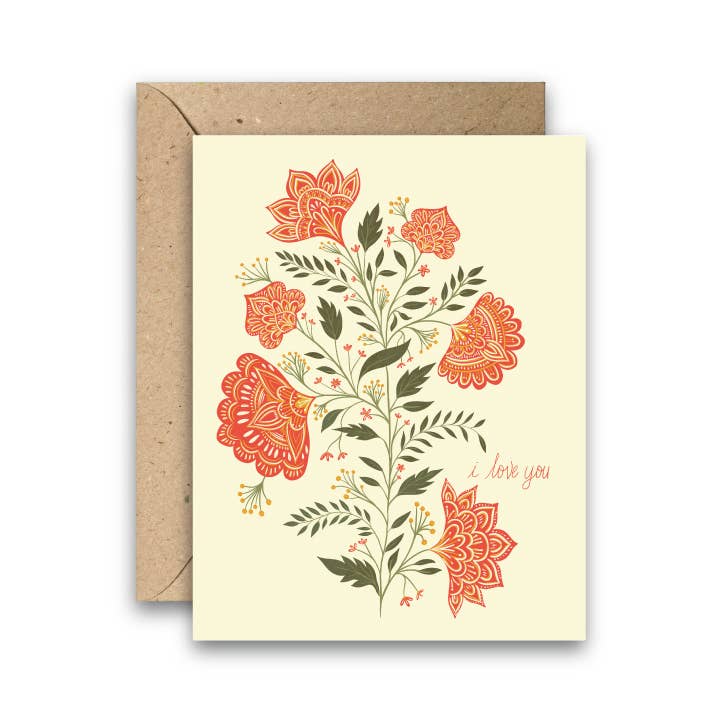 The "Love You Flowers Card" brings a touch of tradition and warmth, featuring intricately drawn red flowers inspired by Indian woodblock floral designs. With delicate green stems and leaves set against a soft cream background, this card is an artful choice for expressing love and appreciation. Perfect for Valentine's Day, anniversaries, or everyday sentiments, it offers a heartfelt way for customers to share their emotions.  