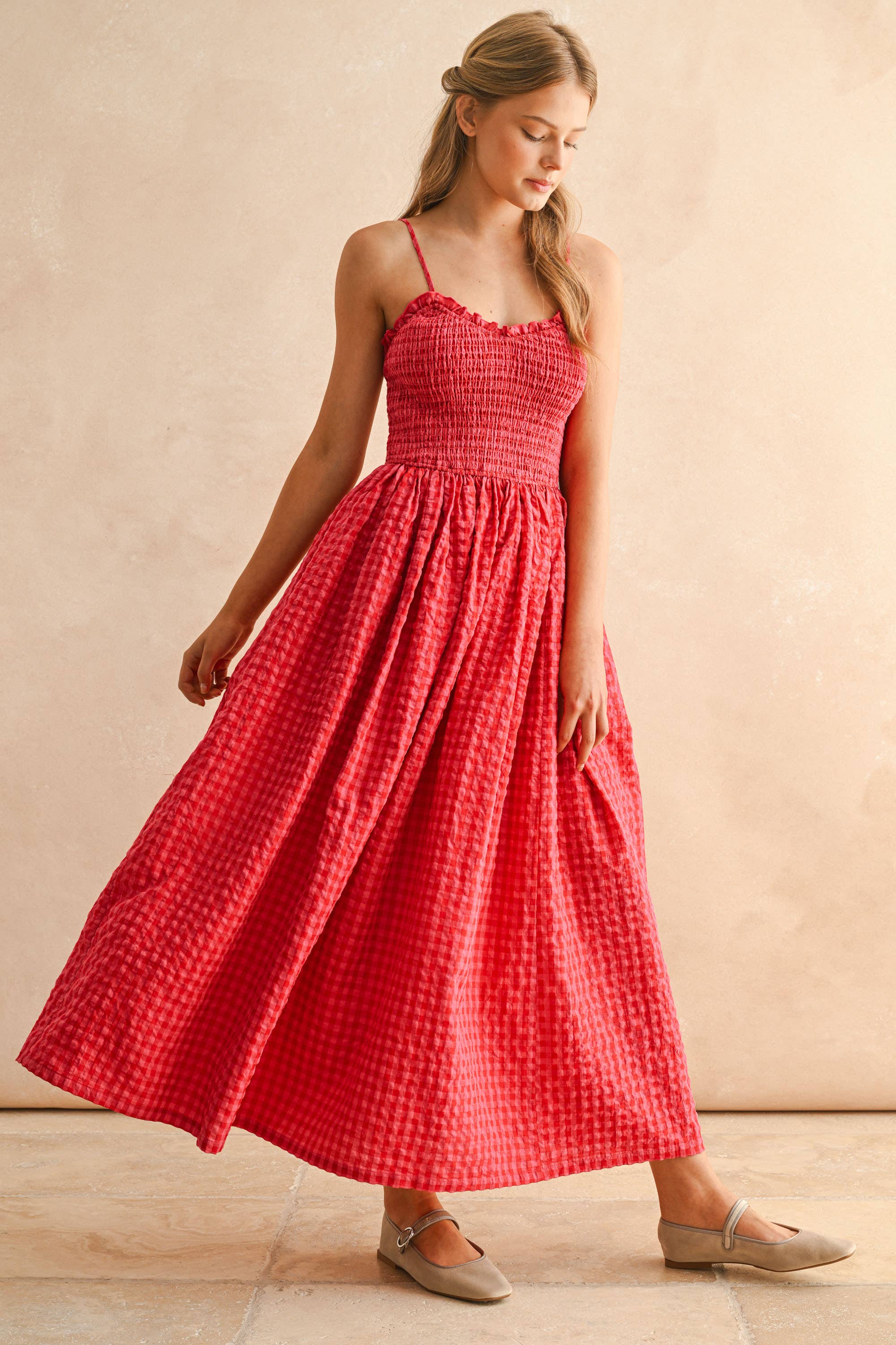 Gingham Print Long Dress - Red & Pink