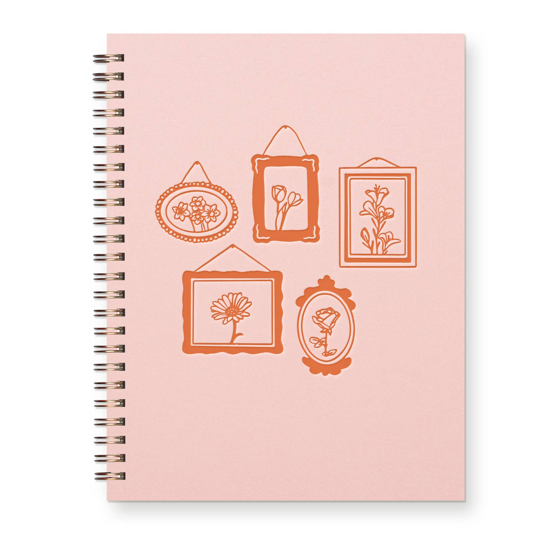 Pink notebook with floral frame designs on a white background