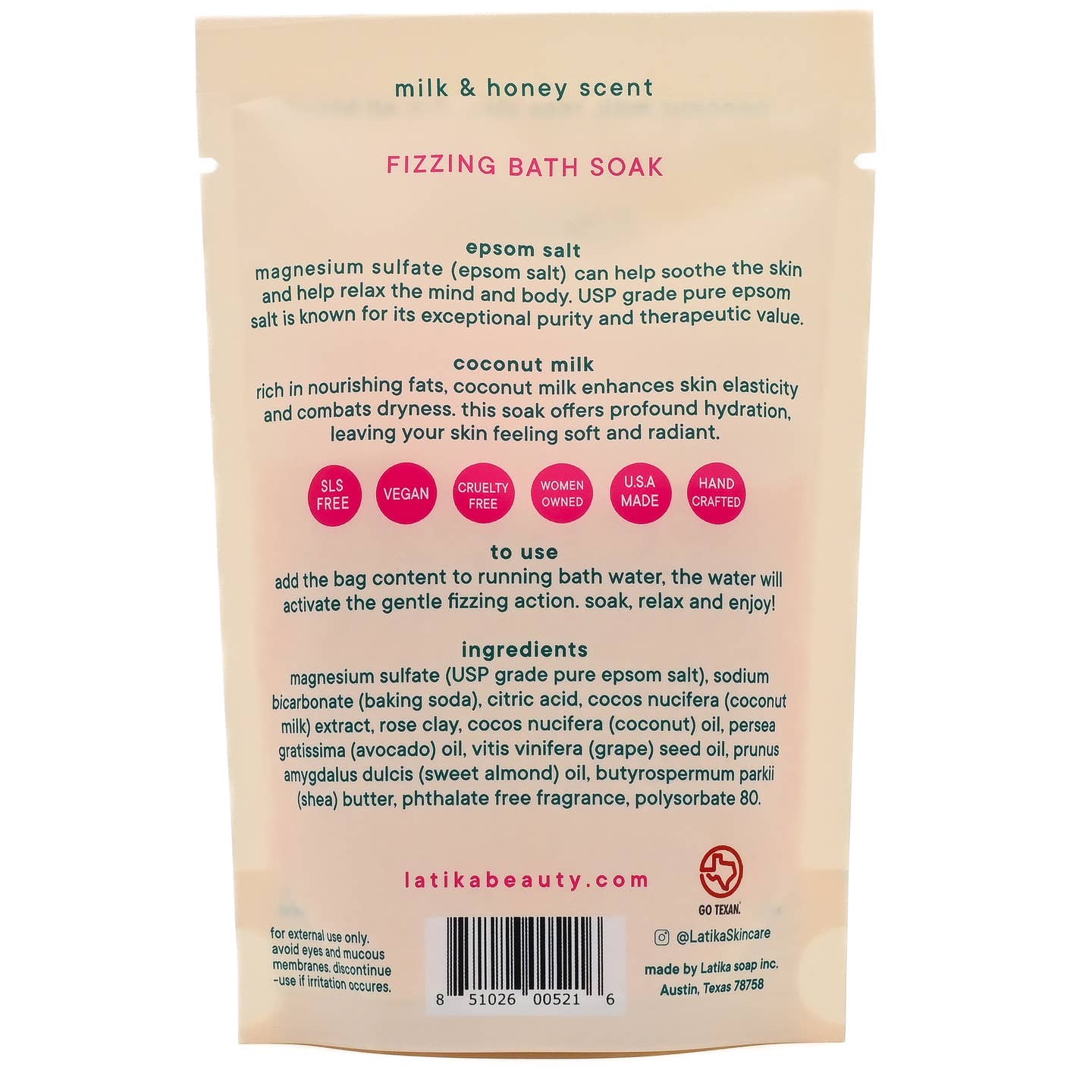 • Epsom salt (magnesium sulfate) can help soothe your tired muscles and help you detoxify your mind and body. USP-grade pure Epsom salt is known for its exceptional purity and therapeutic value.&nbsp;

• Coconut Milk - rich in nourishing fats- enhances skin elasticity and combats dryness. This soak offers profound hydration, leaving your skin feeling soft and radiant.

• Scent: Fresh, clean, and warm scent of oats and honey

Fizzing soaks may harden during transport. Gently shake or press to loosen the soak