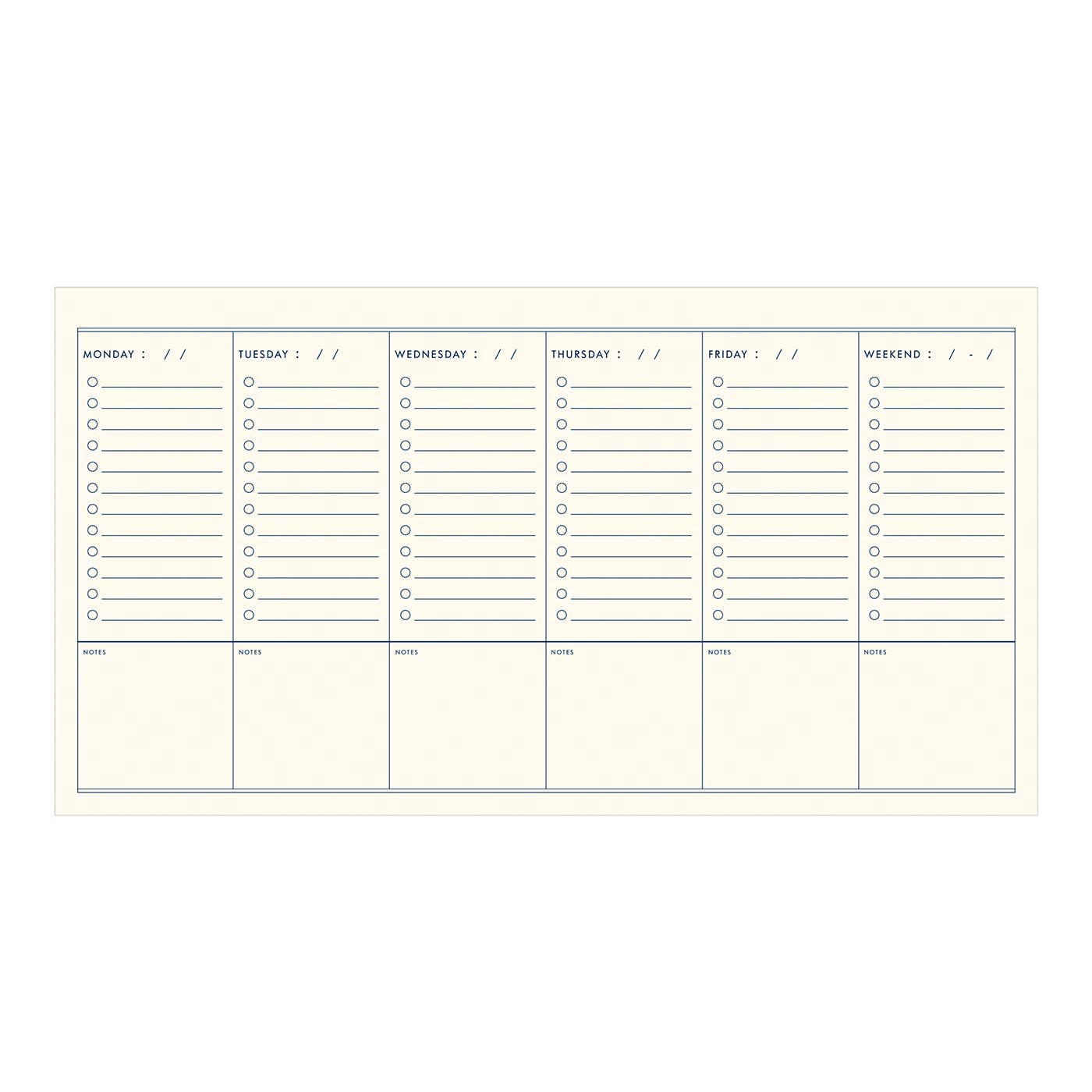 Weekly planner with days of the week and checkboxes on a white background