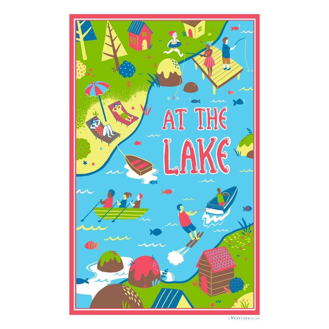 A colorful kitchen tea towel with a illustration of people at a lake, boats, and a cabin, with the text 'AT THE LAKE' prominently displayed.