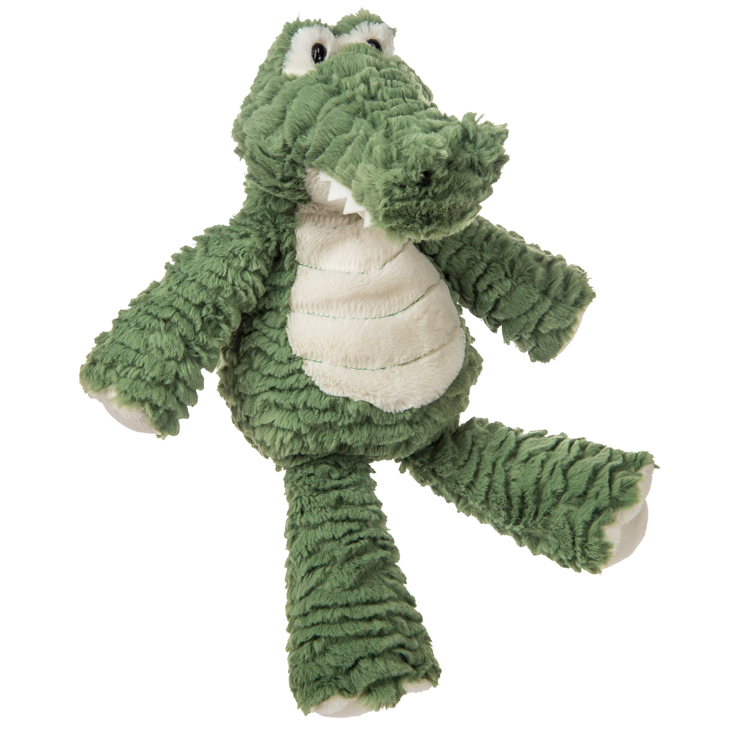 Green plush alligator toy on a white background