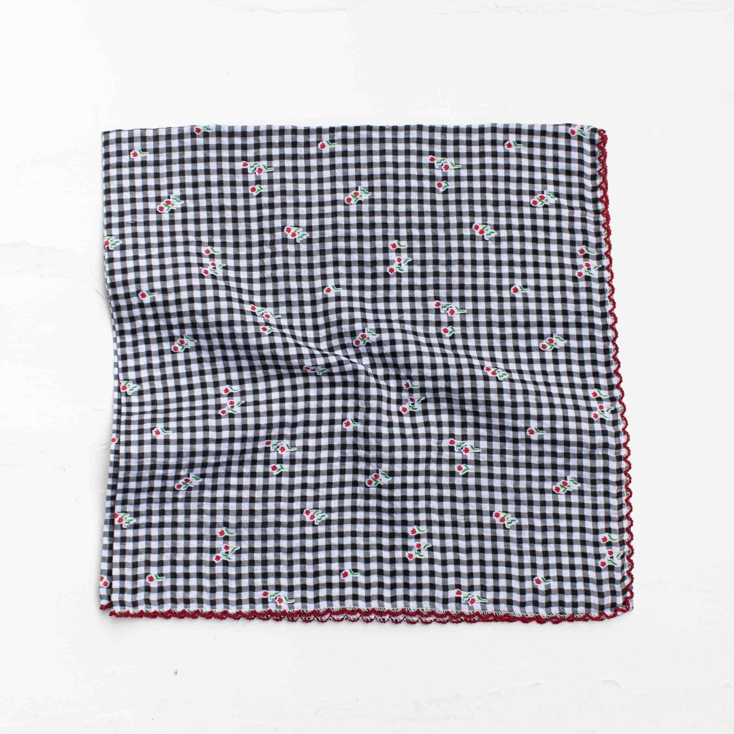 Gingham Floral Cotton Blend Scarf  - black