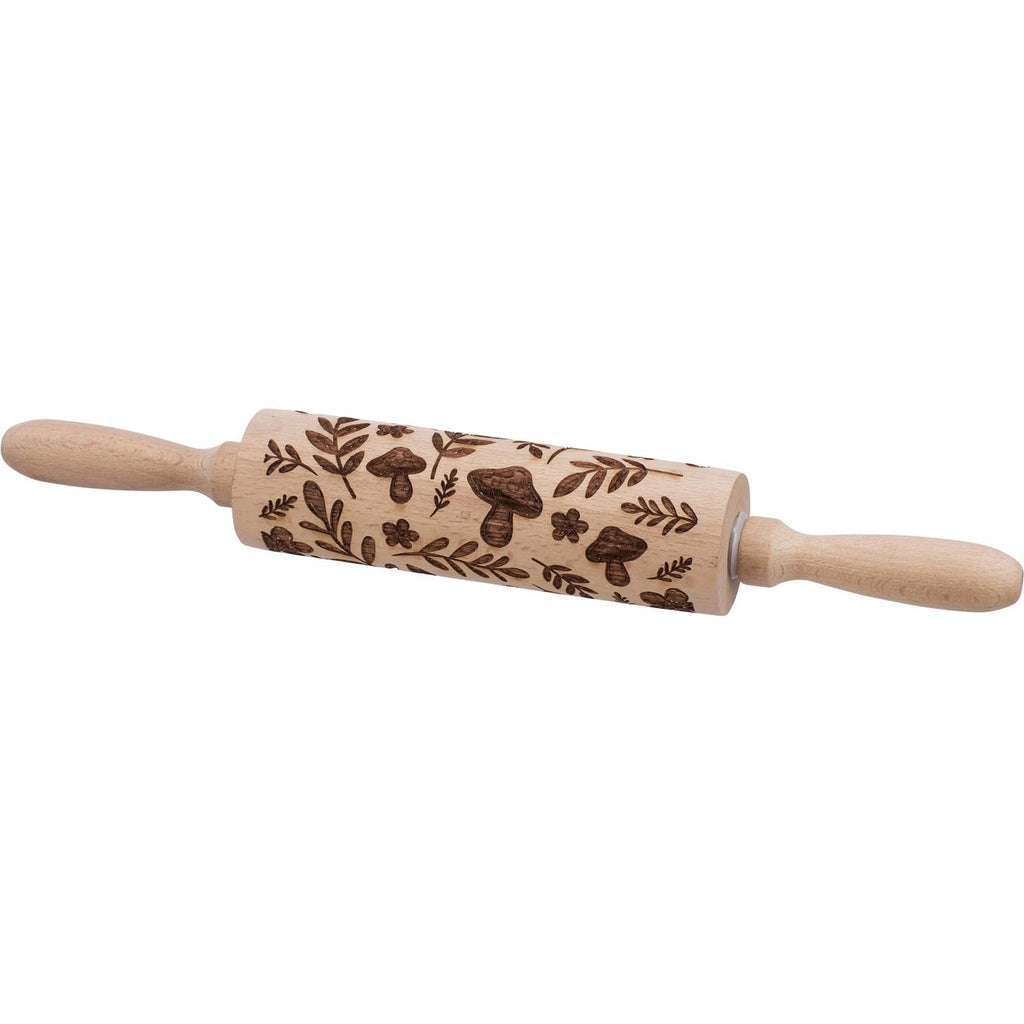 Wooden rolling pin from the Cottagecore Collection with debossed details along the roller that leave fun imprints in dough. This Mushrooms embossed rolling pin features natural beech wood debossed with a design of mushrooms mixed with a variety of florals. Hand-wash recommended.