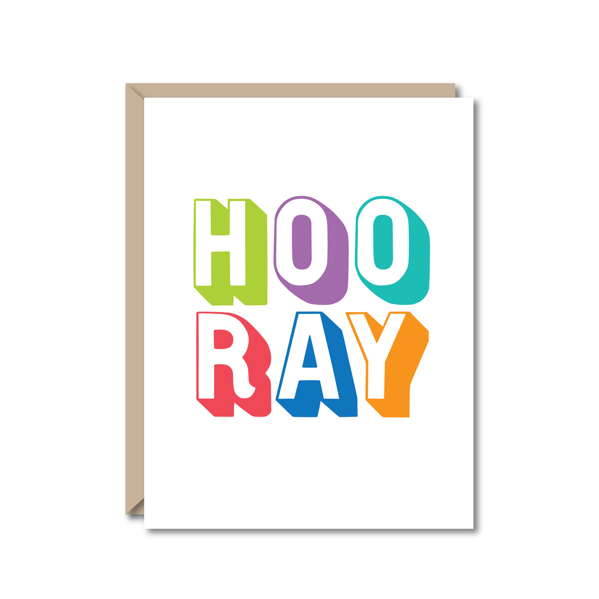 white card reading "HOORAY" in a colorful font