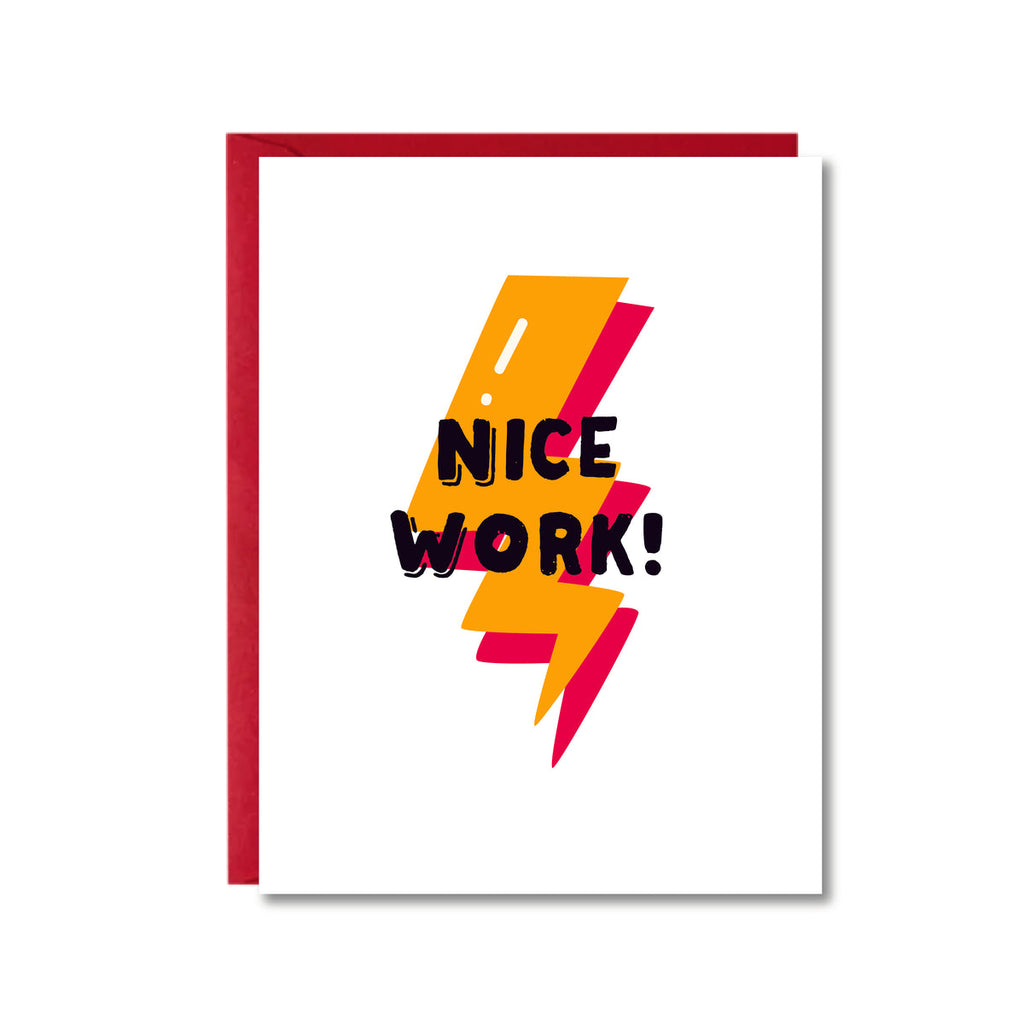 white card with a yellow and red lightning bolt reading "Nice work!"