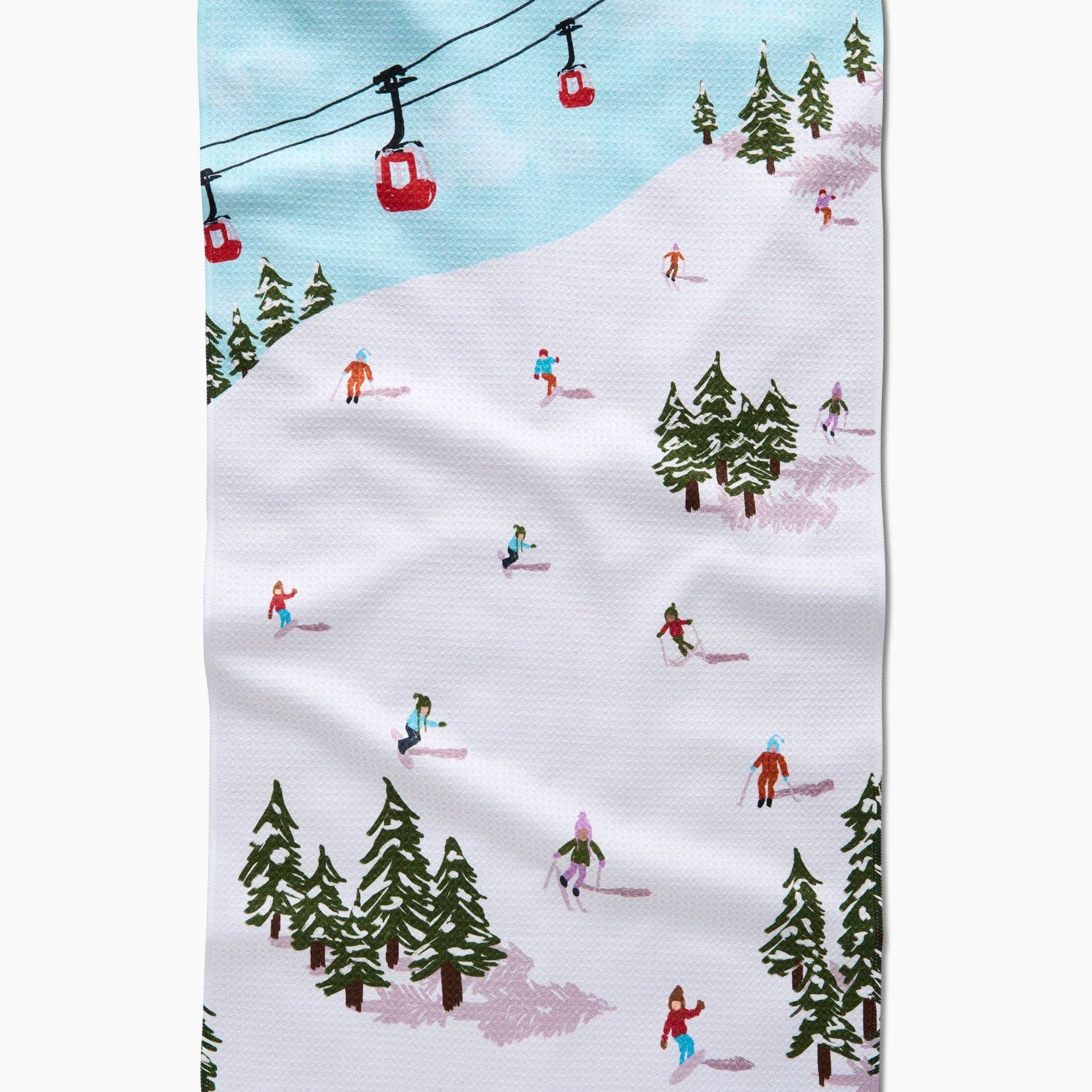 Ski resort scene with people skiing and a ski lift on a white background