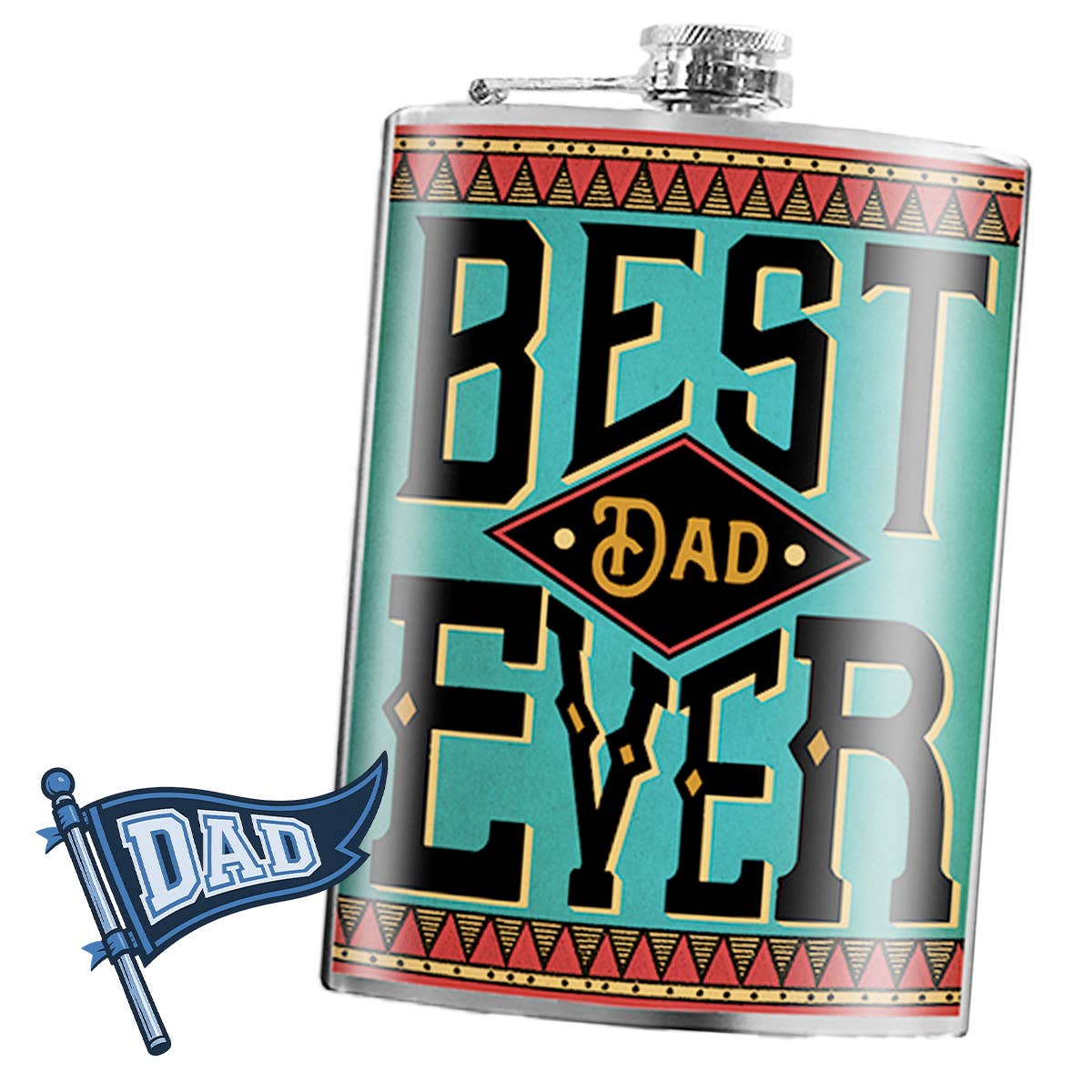 Flask with 'Best Dad Ever' text and decorative border on a white background