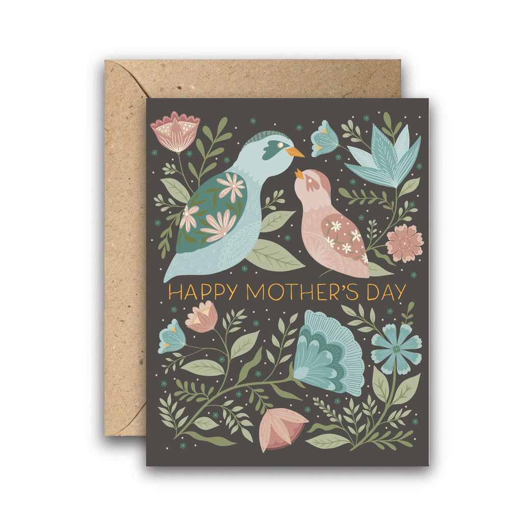 Discover the charm of Amicreative's "Enchanting Mother's Day Birds &amp; Blooms Card," a perfect addition for shop owners this Mother's Day. Featuring two delicate birds amidst intricate flowers, branches, and leaves in soothing blues, mauves, and greens, set against a dark gray backdrop, this card is a visual delight. The shimmering gold foil text "Happy Mother's Day" adds an elegant touch.
